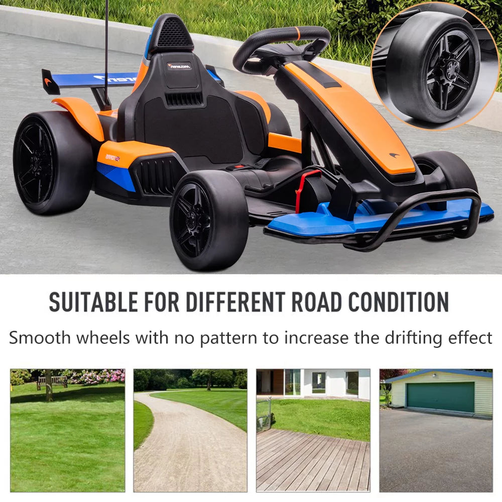 Licensed McLaren Kids Go-Kart: 24V Battery-Powered Ride-On Car with Bluetooth, Safety Belt, LED Lights, Dual-Mode Electric Drift Racer for Boys and Girls