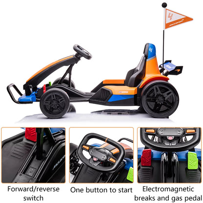 Licensed McLaren Kids Go-Kart: 24V Battery-Powered Ride-On Car with Bluetooth, Safety Belt, LED Lights, Dual-Mode Electric Drift Racer for Boys and Girls