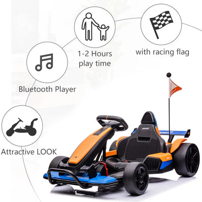 Licensed McLaren Kids Go-Kart: 24V Battery-Powered Ride-On Car with Bluetooth, Safety Belt, LED Lights, Dual-Mode Electric Drift Racer for Boys and Girls