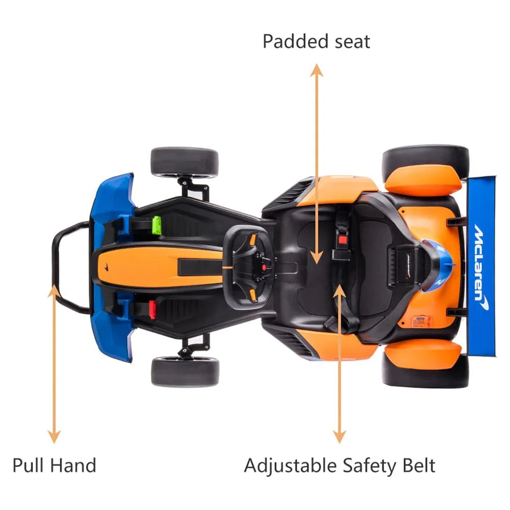 Licensed McLaren Kids Go-Kart: 24V Battery-Powered Ride-On Car with Bluetooth, Safety Belt, LED Lights, Dual-Mode Electric Drift Racer for Boys and Girls