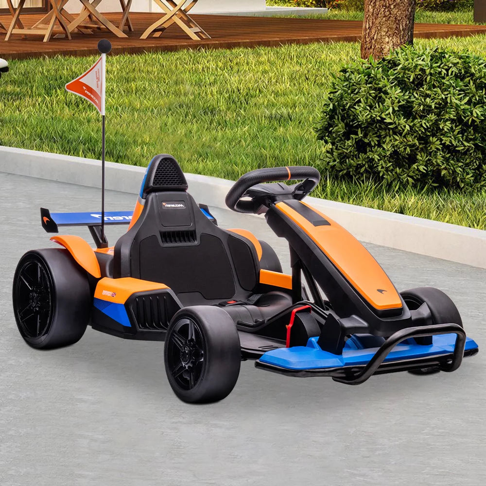 Licensed McLaren Kids Go-Kart: 24V Battery-Powered Ride-On Car with Bluetooth, Safety Belt, LED Lights, Dual-Mode Electric Drift Racer for Boys and Girls