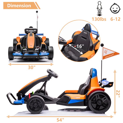 Licensed McLaren Kids Go-Kart: 24V Battery-Powered Ride-On Car with Bluetooth, Safety Belt, LED Lights, Dual-Mode Electric Drift Racer for Boys and Girls